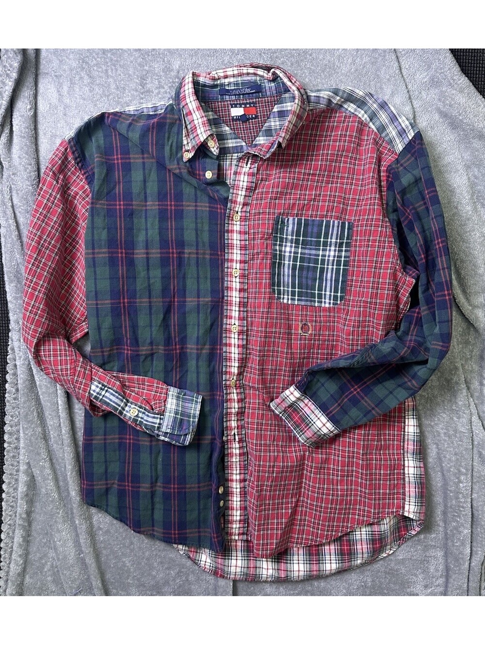 Vintage 90s Tommy Hilfiger Patchwork Plaid Shirt L Tartan Flag Hong Kong